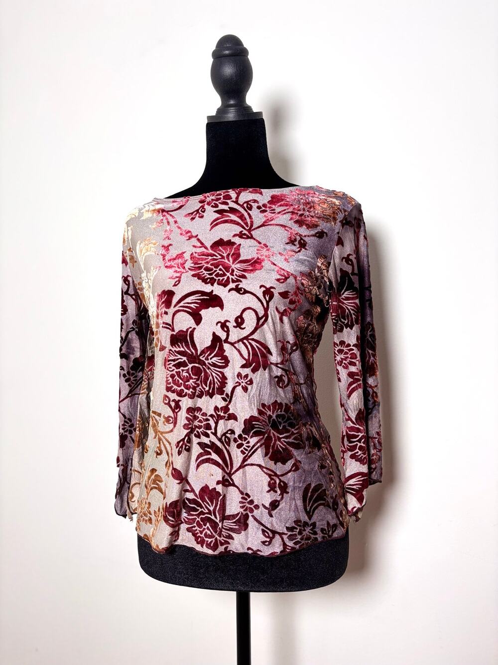 Burgundy Gold Raised Velvet Paisley Print Mesh Boatneck Top 3/4 Bell Sleeves